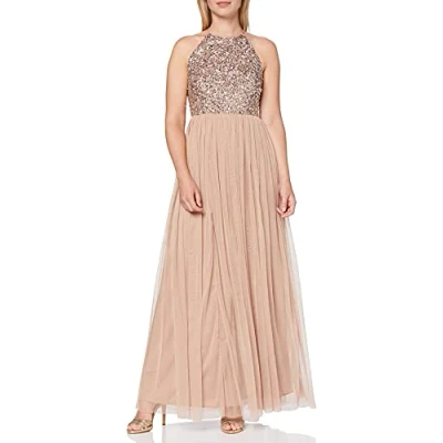 Afbeelding van Maya Deluxe Maxi jurk voor dames, bruidsmeisje, halterjurk, pailletten, versierd, eindexamenfeest, bruiloft, Taupe Blush, 34