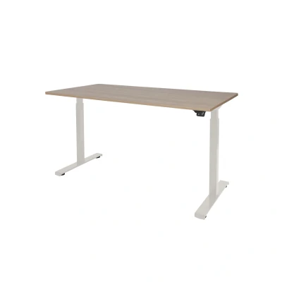 Afbeelding van Dextro basic zit/sta 160x80cm, electrisch hoogte verstelbare werkplek, T poot frame. Frame kleur wit (RAL9010) en blad Havanna/Kersen Licht.
