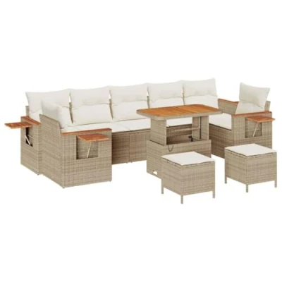 Afbeelding van vidaXL 10 delige tuinbankset met kussens Beige Poly Rattan Acacia, 3 tuin eetset Acacia