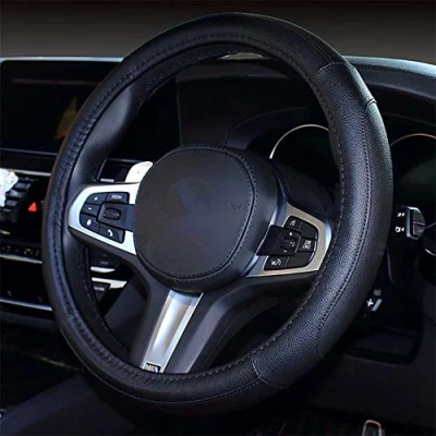 Afbeelding van Lederen Auto Stuurhoes, Zachte Padding, Duurzaam, Anti Slip Universele Maat Fit 14.5&quot; 15.5&quot; Stuurhoes Auto, Truck, SUV &amp; Van Prestaties Snelheid Comfort Grip Interieur Accessoires (Zwart)