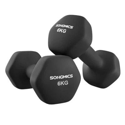 Afbeelding van SONGMICS Halters, Set van 2, 2 x 6 kg, Haltersset, Zeskant, Neopreen Coating, Krachttraining, Workout, Fitnesstraining, voor Thuis, Inktzwart SYL160B01