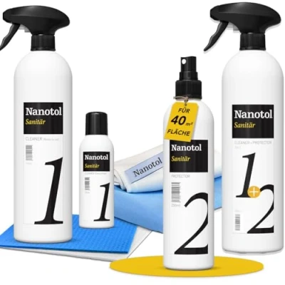 Afbeelding van Professionele nano coating set voor de badkamer met lotus effect, bespaart 80% schoonmaaktijd, Nanotol sanitair cleaner &amp; protector kalkbescherming douchecabines, keramiek, tegels
