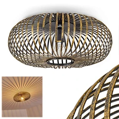 Afbeelding van Oravi plafondlamp, ronde metalen plafondlamp in zwart/goud, 1 lamp, E27 fitting, retro lamp met geweldig lichteffect door rasterlook, lampen niet inbegrepen