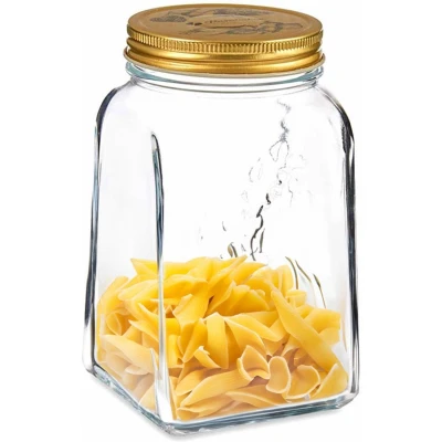 Afbeelding van Voorraadpot/bewaarpot Square glas 1L transparant/goud D10 x H17 cm voedsel Voorraadpot