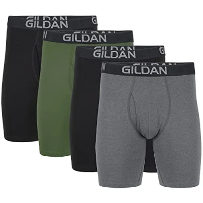 Afbeelding van Gildan Heren katoenen stretch Lange been boxershort (Pack van 4), Black Soot/Heather Donkergrijs/Groen Midnight (4 pack, Been), S
