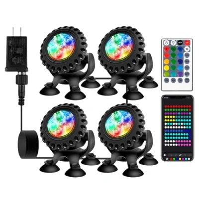 Afbeelding van Led onderwatervijververlichting, zwembadverlichting met afstandsbediening en bluetooth app, RGB, IP68 waterdicht zuignap, ideaal voor zwembad, waterval, tuinvijver, aquarium (4 in 1)