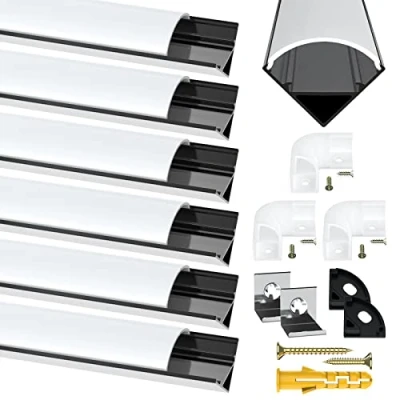 Afbeelding van LED Strip Profiel, 6Pack Aluminium Kanaal 3ft/1Meter Zwart V vorm profiel met melkachtig witte deksel, eindkappen, Montage Clips extrusie 90 graden connectoren voor Lights