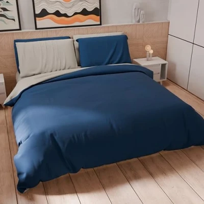 Afbeelding van PETTI Artigiani Italiani dekbedovertrek voor tweepersoonsbed, en kussenslopen van microvezel, tweekleurig, lichtgrijs/nachtblauw, 100% Made in Italy