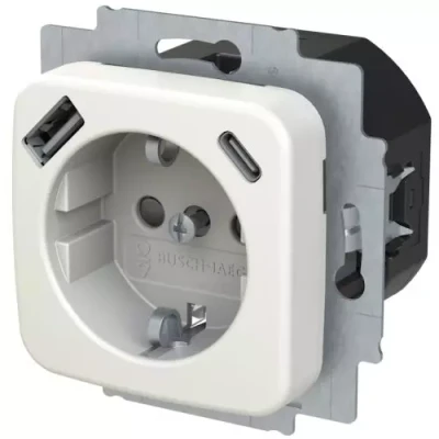 Afbeelding van Busch Jaeger Reflex SI wandcontactdoos met 2x USB Lader kinderveilig alpinwit 20 EUCB2USBAC 214