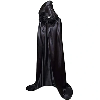 Afbeelding van RongXuan Halloween cape, zwarte cape met capuchon, lange satijnen kostuum voor Halloween, carnaval, vampier