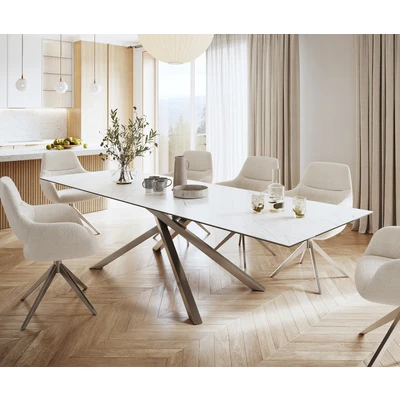 Afbeelding van DELIFE Eettafel Edge 300x100cm Laminam® keramiek wit middenpoot kruis zilver