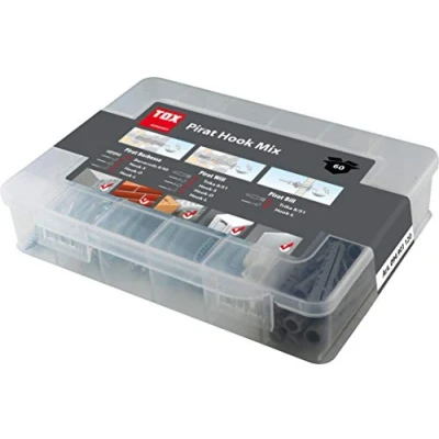 Afbeelding van TOX Schroefhaken assortiment Pirat Hook Mix 60 delig, alle gangbare haakvormen + bijpassende pluggen in één set, spreidpluggen Barracuda en universele Trika, 094901120