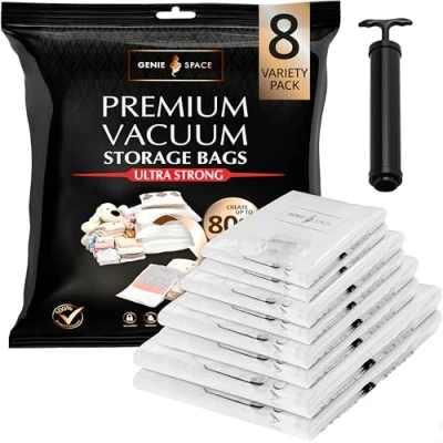Afbeelding van GENIE SPACE Zeer Sterke Premium Ruimtebesparende Vacuum Opbergzakken 8 Pakken (2XL+2L+2M+2S) Luchtdicht &amp; Herbruikbaar 80% Meer Ruimte Creëren Voor Kleding, Handdoeken, Beddengoed, Dekbedden en