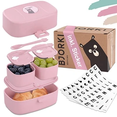 Afbeelding van BJORKI® Bento Box voor kinderen, inclusief bonus naamsticker, lekvrije lunchbox met vakken, duurzame broodtrommel kleuterschool en school, de snackbox onderweg