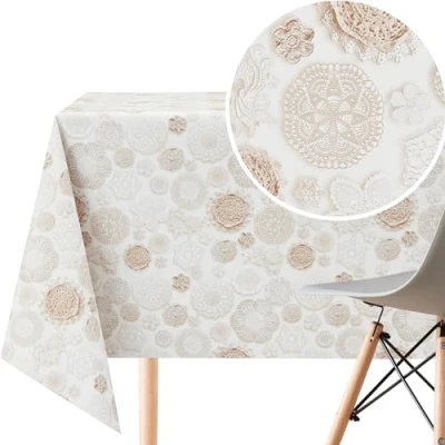 Afbeelding van KP HOME Waterdicht afveegbaar tafelkleed rechthoekig tafelzeil 180 X 55 inch 300 140 cm Kunststof keuken PVC met veters beige