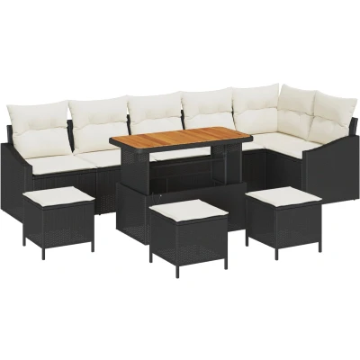 Afbeelding van vidaXL 10 delige Tuinset met Kussens Zwart Poly Rattan Acacia