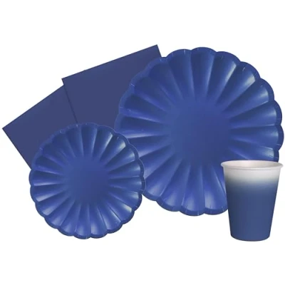Afbeelding van Partyset Flower Shape voor 8 personen (44 stuks: borden Ø23 cm, Ø18 bekers 250 ml, 20 servetten 33 x cm) van composteerbaar papier, milieuvriendelijk, blauw