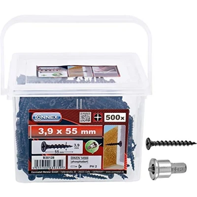 Afbeelding van Connex Snelbouwschroeven 3,9 x 55 mm 500 stuks met grove schroefdraad trompetkop PH Phillips aandrijving zwart gefosfateerd incl. dieptestop/gipsplaten schroeven/schroefemmer / B30128