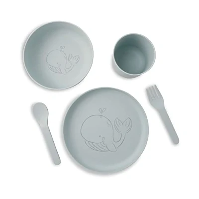 Afbeelding van GREENBOX Kinderservies, 5 delig, bioplastic, ontbijtset, vaatwasmachinebestendig, bord, kom, kopje, lepel, vork, cadeau ideeën voor kinderen, grappig kinderservies met dierenmotief walvis