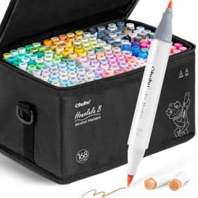 Afbeelding van Ohuhu Alcohol Markers Penseel Tip: 168 kleuren dubbele getipt Art Marker Set voor kunstenaar Volwassenen Kleurillustraties Honolulu B Brush &amp; Fine Hervulbaar