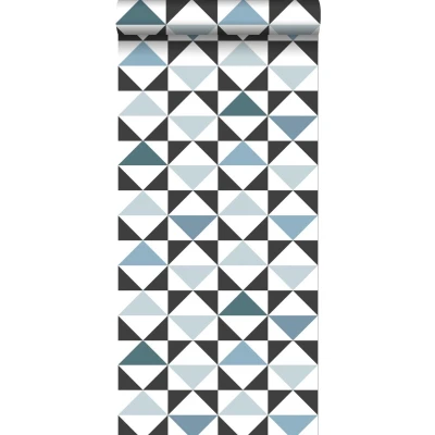 Afbeelding van Leen Bakker ESTAhome Behang Driehoeken Wit, Zwart, Blauw 53cm X 10,05 M Vlies