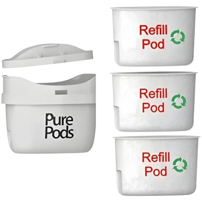 Afbeelding van PurePods Starter Kit, navulbare waterfiltercartridge &amp; pods, compatibel met alle Brita Maxtra Maxtra+ kannen (startset 3 pads en 1 cartridgebeker)