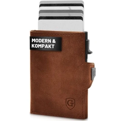 Afbeelding van GenTo Smartlet Push portemonnee met muntenvak, metalen hoes, slim wallet, TÜV geteste RFID NFC bescherming, kleine portemonnee, dunne smalle kaarthouder, donkerbruin mat, Münzfach S,