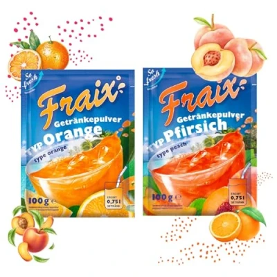 Afbeelding van FRAIX Drankpoeder oranje + perzik (50 stuks combipack) (elk 25 x 100 g) fruitig en verfrissend met vitamine C