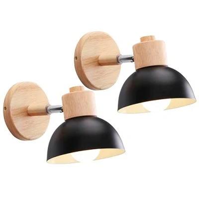 Afbeelding van iDEGU Industriële wandlamp, vintage, 15 cm, verstelbaar, van hout, metaal, retro, E27, wandlamp voor binnen, slaapkamer, woonkamer, hal, restaurant (2 stuks, zwart)