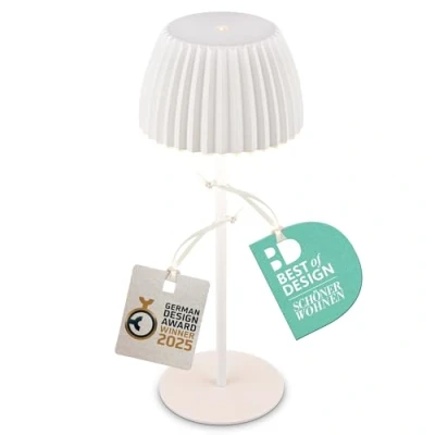 Afbeelding van BRILONER Riffle Oplaadbare Tafellamp snoerloze lamp met touch dimbaar voor binnen en buiten german design award winner 2025 wit Ø14,5 x 36,5 cm