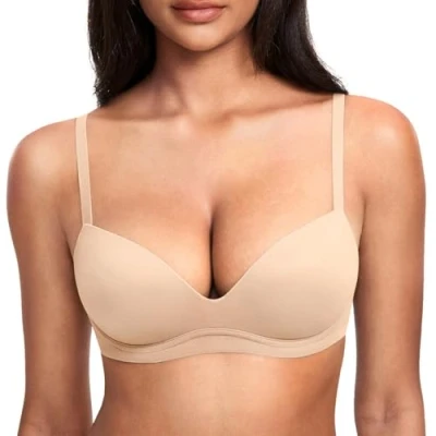 Afbeelding van DOBREVA Vrouwen Push Up BH Plunge Draadloze Comfortabele T Shirt Gevoerde Bh&#039;s Beige 80D
