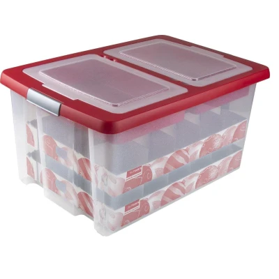 Afbeelding van SUNWARE Nesta Kerstdoos 51 Ltr met trays voor 40 kerstballen (Ø70 80mm) transparant/rood