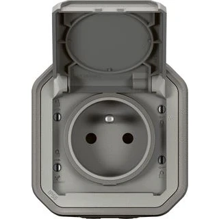 Afbeelding van Stopcontact 2P+T LEGRAND waterdicht Plexo grijs 16A 250V IP55 IK08 compleet voor opbouwbevestiging