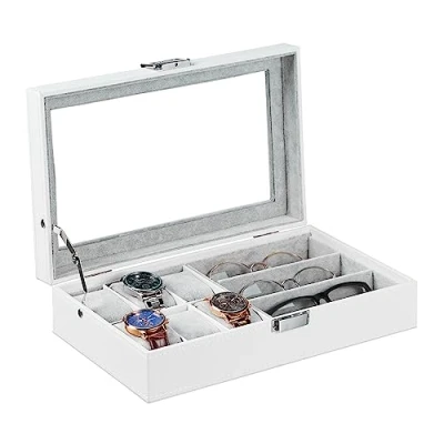 Afbeelding van Relaxdays sieradendoos met kijkvenster opbergdoos horloges brillendoos lederlook wit