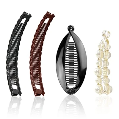 Afbeelding van 4 stuks bananenhaarclips, dubbele kammen, vissenstaart, parel, haaraccessoires, retro plastic kamgrips, haarkamclips, doe het zelf kapsels, voor dik pluizig haar, krullend haar.