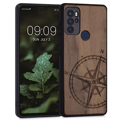 Afbeelding van kwmobile telefoonhoesje geschikt voorMotorola Moto G60S Hoesje met bumper walnoothout In donkerbruin Vintage Kompas design