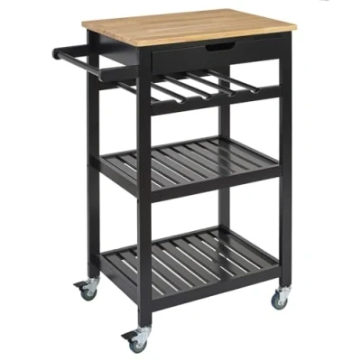 Afbeelding van Home Deco Factory HD7102 Rolwagen met wieltjes, voor keuken, eetkamer, zwart hout, 40 x 62,5 85,5 cm