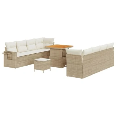 Afbeelding van vidaXL 11 delig Tuin Sofa Set met Kussens Beige Poly Rattan Acacia, 3 Eetset Acacia