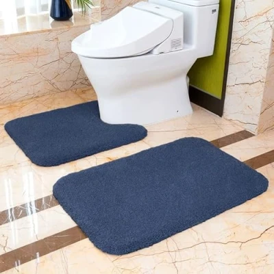 Afbeelding van Zachte badmatset, antislip, van dikke en pluizige microvezel, 2 delige set, badmat 50 x 80 cm + wc mat 60 (marineblauw)
