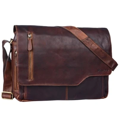 Afbeelding van STILORD &#039;Marlon&#039; lederen tas heren business uni kantoor vintage schoudertas groot DIN A4 met 15,6 inch laptop vak elegante aktetas gemaakt van echt runderhuid, Kleur:cognac donkerbruin