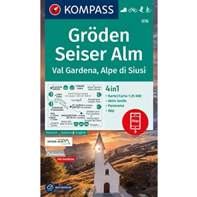Afbeelding van 076 groden seiser alm val gardena alpe di siusi: 4in1 Wanderkarte mit Aktiv Guide und Detailkarten inklusive Karte zur offline Verwendung in der KOMPASS App. Fahrradfahren. Skitouren. Langlaufen.