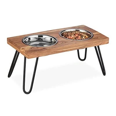 Afbeelding van Relaxdays hondenvoerbak op standaard dubbele hondenbak hout XL voerbak houder rvs