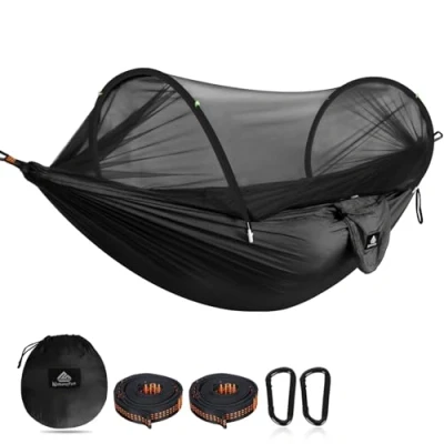 Afbeelding van NATUREFUN Ultralichte campinghangmat muggennet hangmat 300 kg draagvermogen, ademend sneldrogend parachutenylon 2 premium karabijnhaken, x nylon slingers