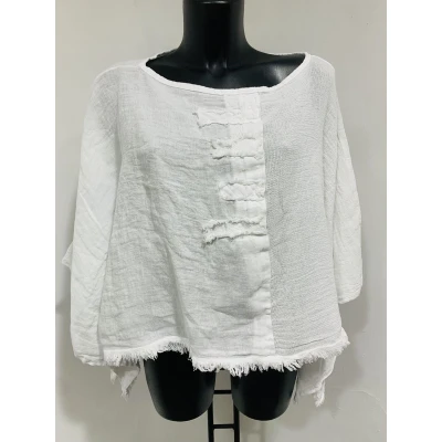 Afbeelding van Vintage linnen korte top bout hals raglan mouwen kleur WIT one size