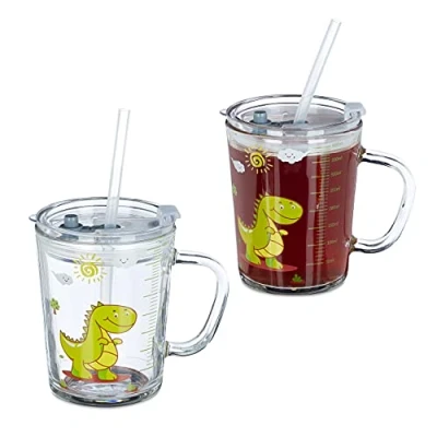 Afbeelding van Relaxdays Kinderglas met rietje en deksel 2 stuks dinosaurus print handvat