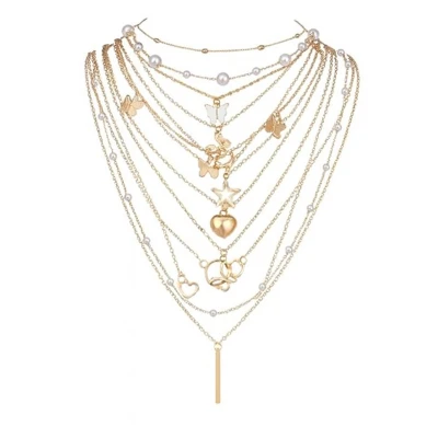 Afbeelding van 11 delige goudkleurige damesketting set layered design met parels, vlinders, harten, sterren en bedels