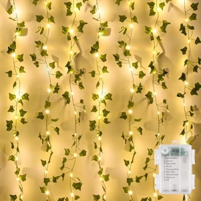 Afbeelding van GuKKK Led lichtsnoer van kunstklimop, 10 m, slinger met 100 ledlampen, op batterijen, voor binnen, bruiloft, feestdecoratie