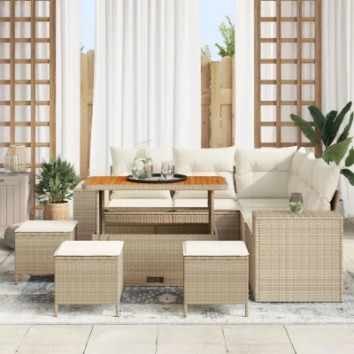 Afbeelding van vidaXL 9 delige tuinset met kussens in beige Poly Rattan Acacia