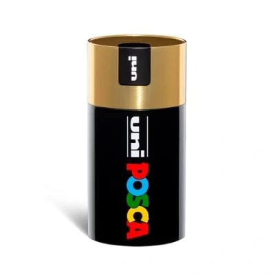 Afbeelding van Posca UniPosca complete set met 18 gesorteerde acrylstiften, middelste punt 2,5 mm, kleuren voor kinderen en kunstenaars Uni geldig als stofkleuren, hout andere, in geschenkdoos goud