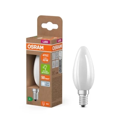 Afbeelding van OSRAM Energy Class LED Lampe in klassischer Minikerzenform, 2.2 W / 470 lm, EEK A, kaltweißes Licht (4000 K), CRI 80, aus gefrostetem bleifreiem Glas, E14 Sockel, IP20, 35 mm Durchmesser.